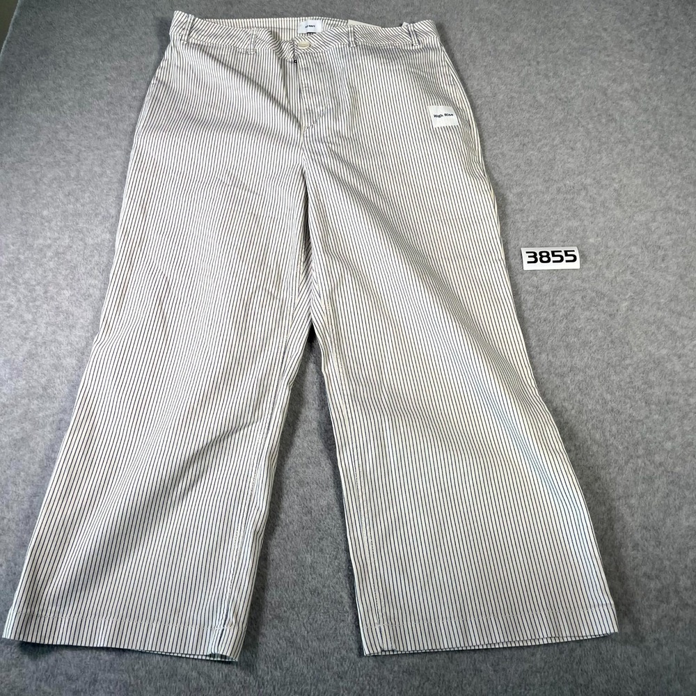Old Navy Wide Leg Chino Pants Womens 14 Blue White Striped Flat Front High Rise